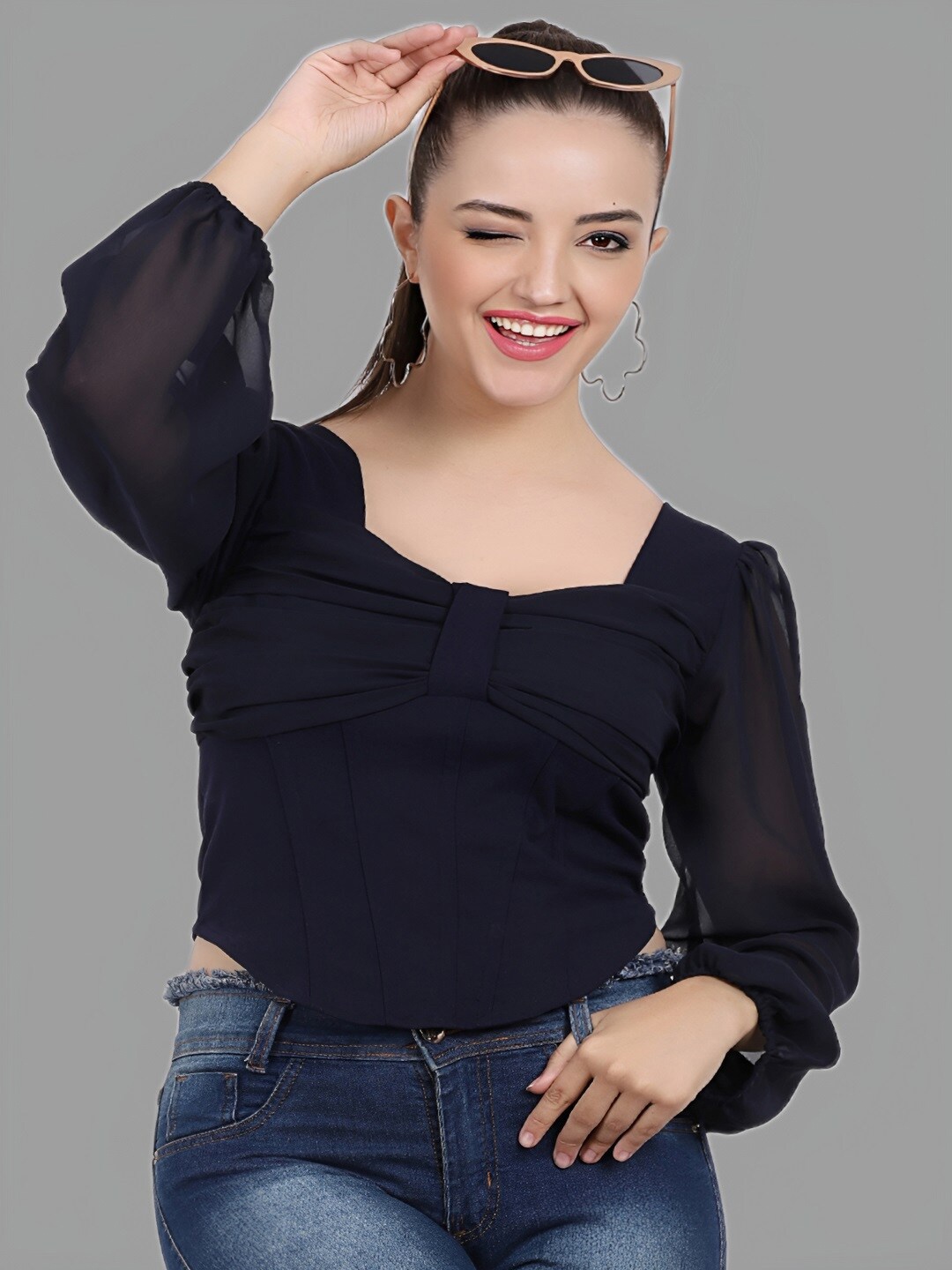 

SIGHTBOMB Sweetheart Neck Puff Sleeves Gathered Top, Navy blue
