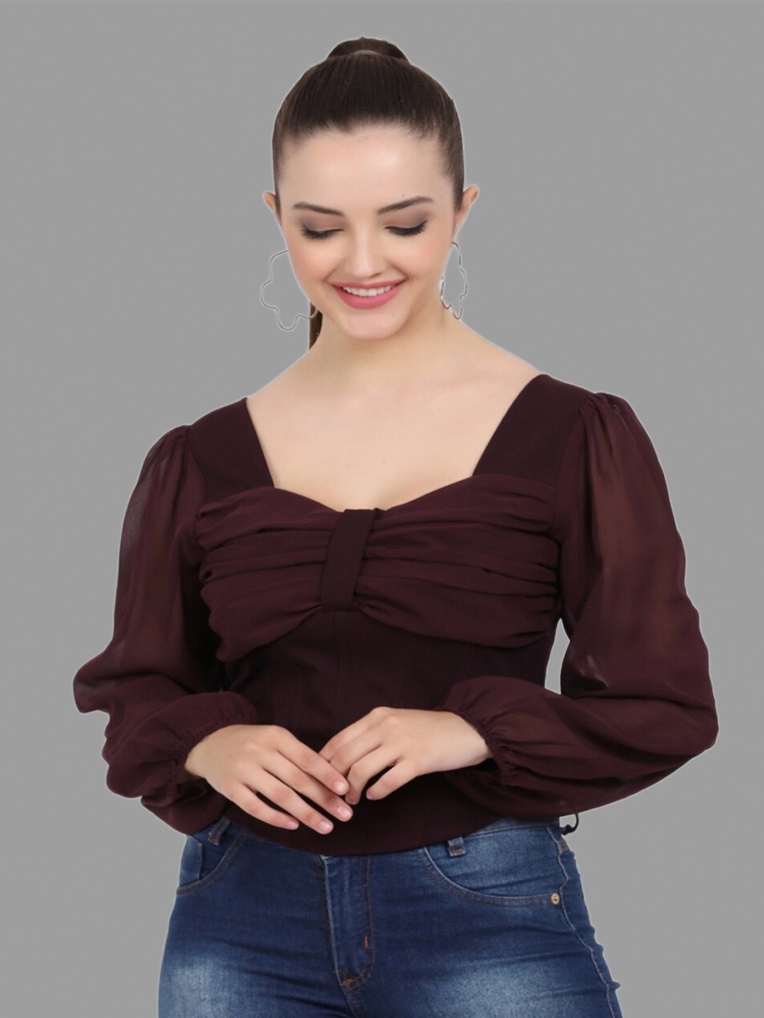 

SIGHTBOMB Sweetheart Neck Puff Sleeves Gathered Top, Maroon
