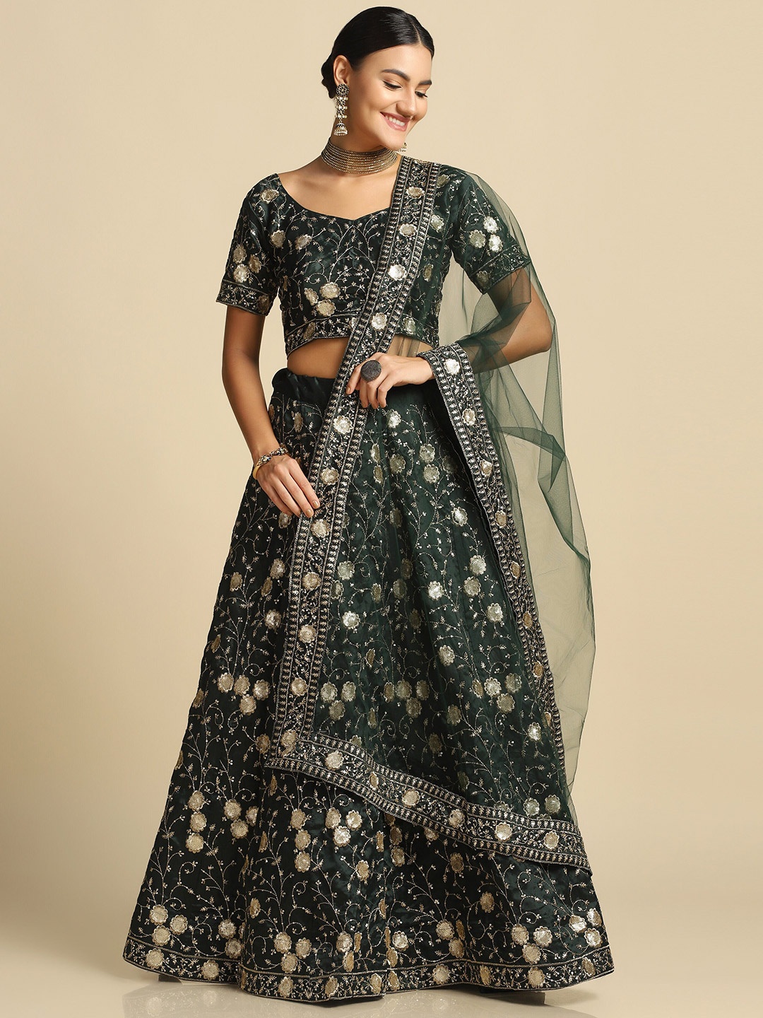

Atsevam Embroidered Thread Work Semi-Stitched Lehenga & Blouse With Dupatta, Green