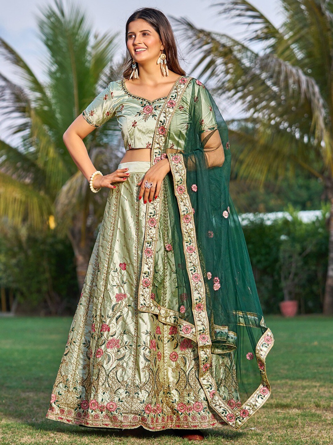 

Atsevam Embroidered Thread Work Semi-Stitched Lehenga & Blouse With Dupatta, Green