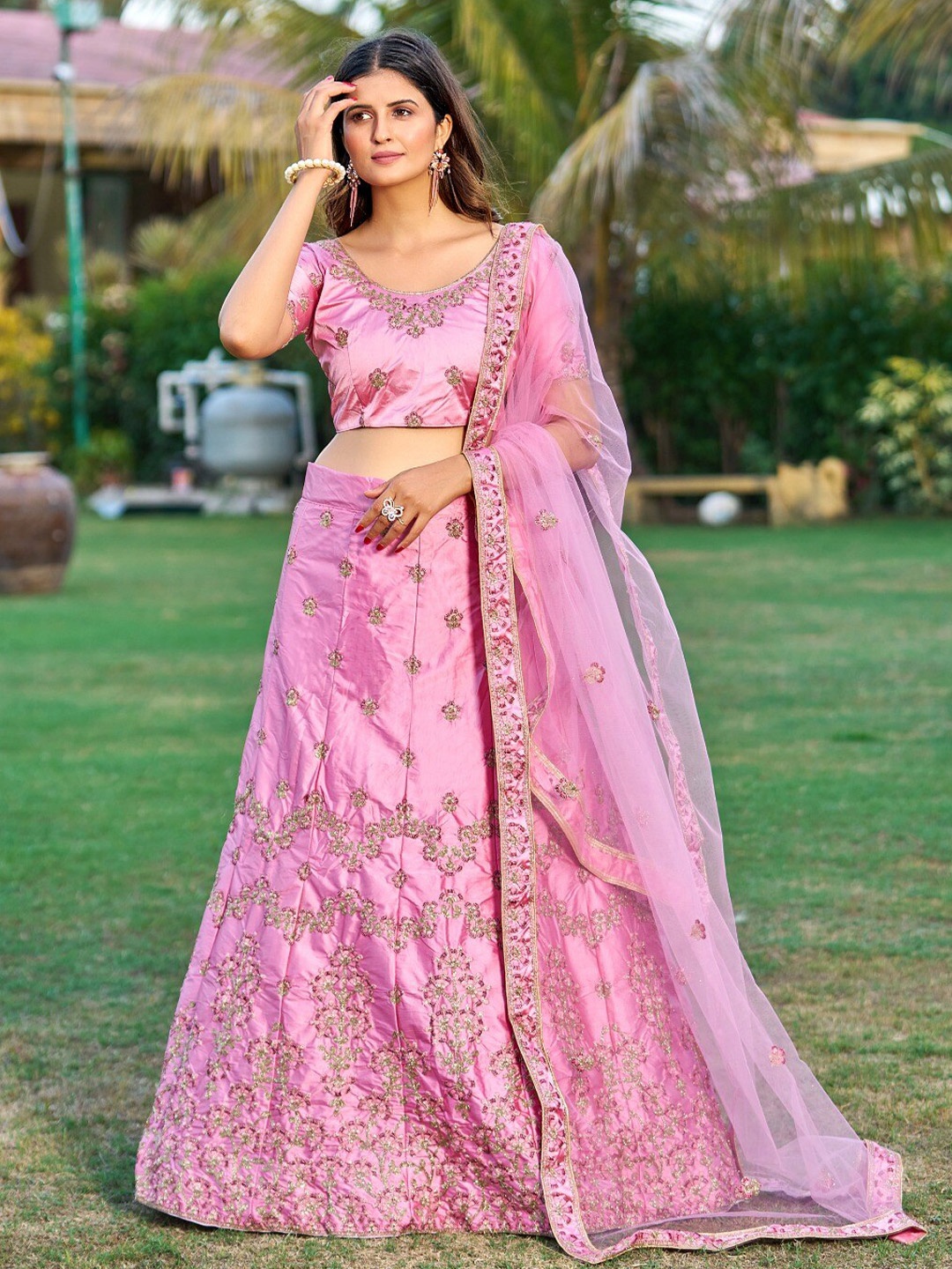

Atsevam Embroidered Thread Work Semi-Stitched Lehenga & Blouse With Dupatta, Pink