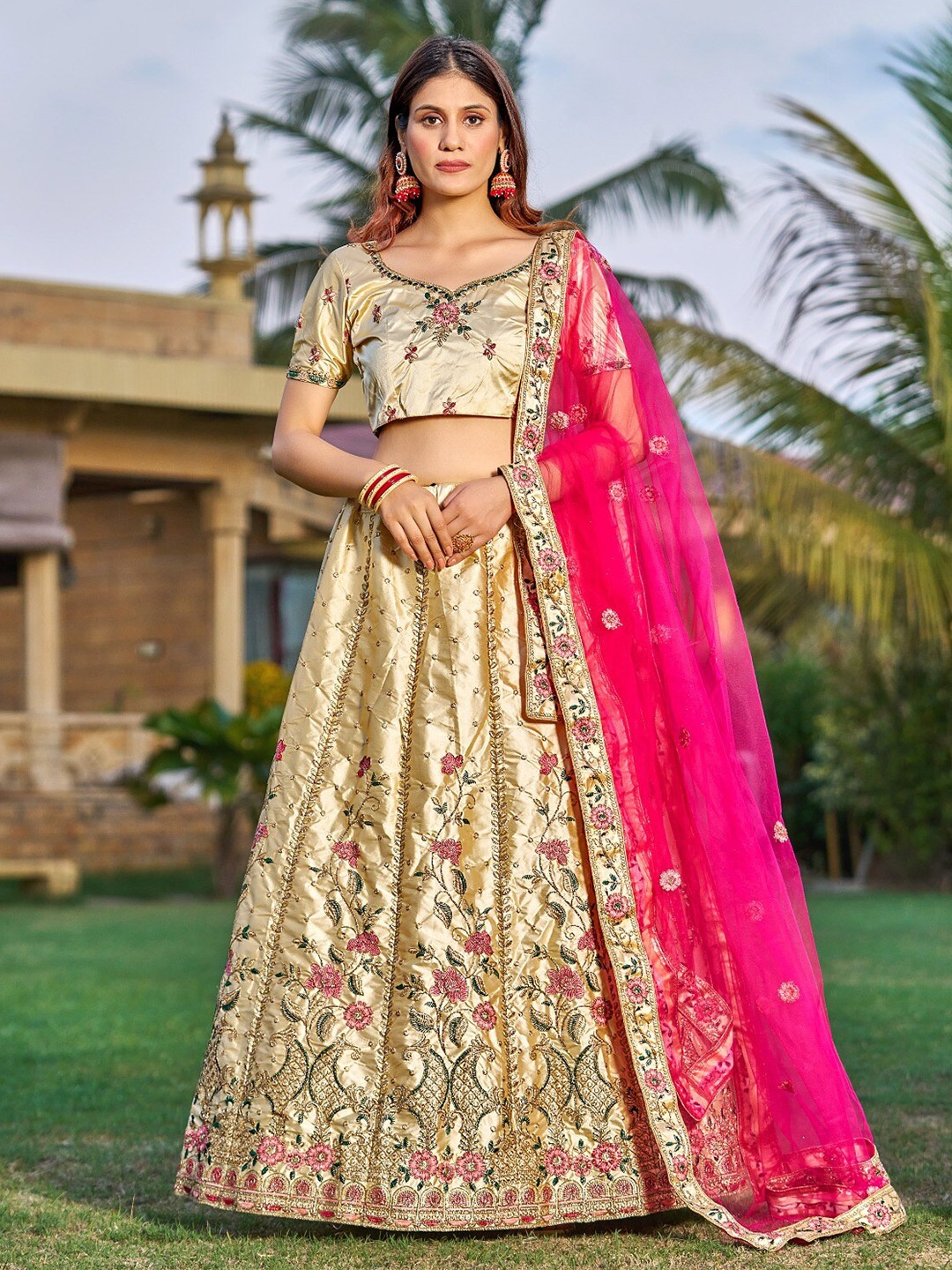 

Atsevam Embroidered Thread Work Semi-Stitched Lehenga & Blouse With Dupatta, Cream
