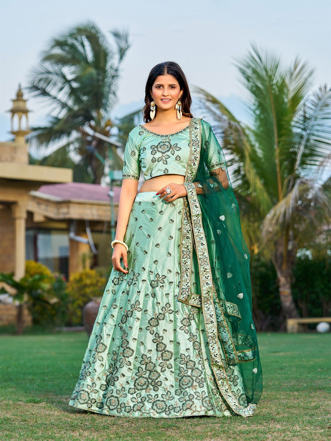 

Atsevam Embroidered Thread Work Semi-Stitched Lehenga & Blouse With Dupatta, Green