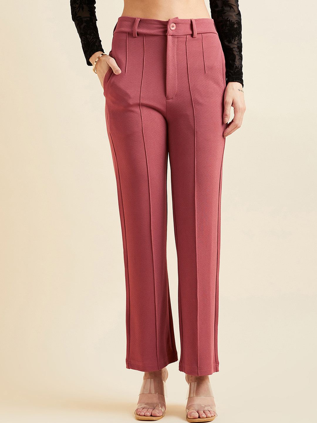 

PANIT Women Pink Relaxed Straight Fit High-Rise Wrinkle Free Lycra Regular Trousers