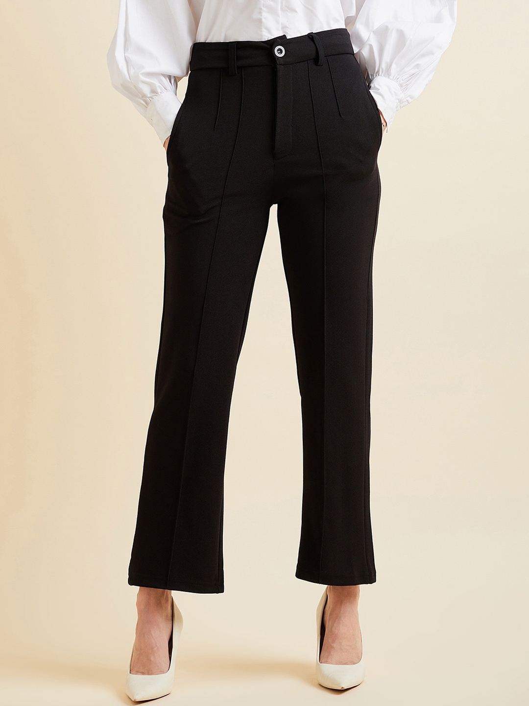 

PANIT Women Black Relaxed Straight Leg High-Rise Wrinkle Free Pleated Lycra Trousers