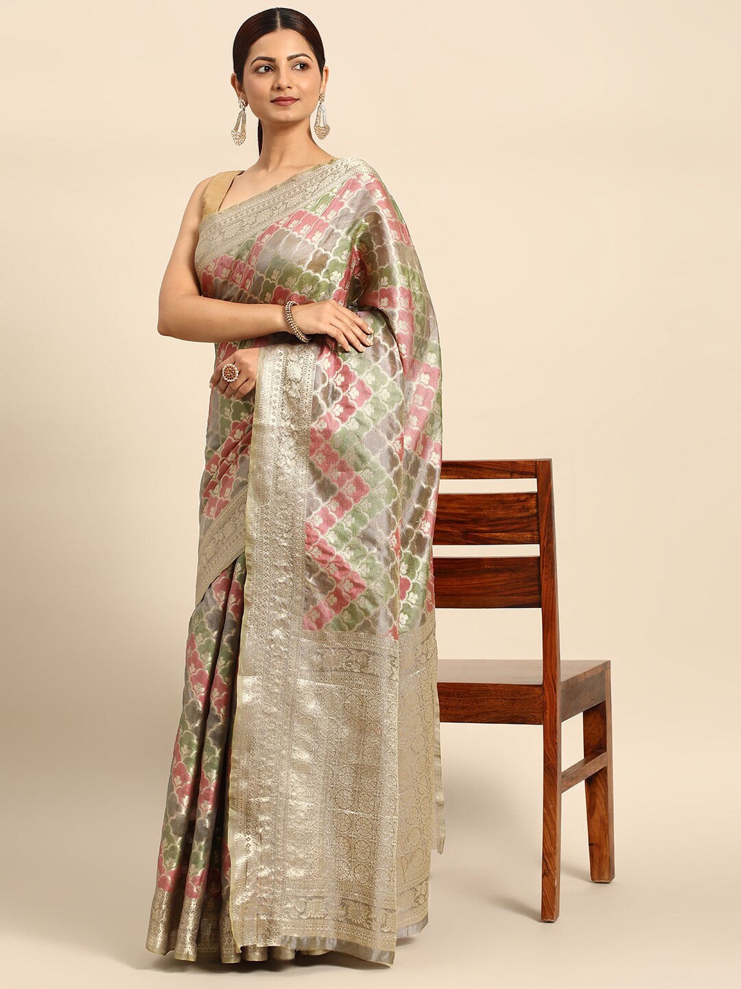 Mitera Grey Ethnic Motifs Woven Design Zari Saree