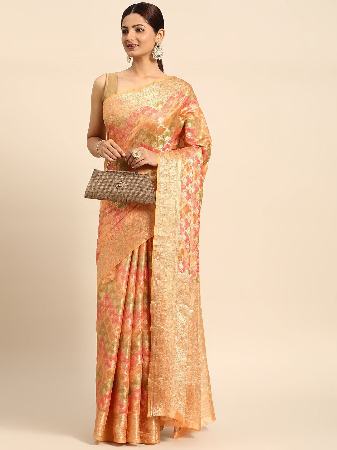 

Mitera Peach-Coloured Ethnic Motifs Woven Design Zari Saree