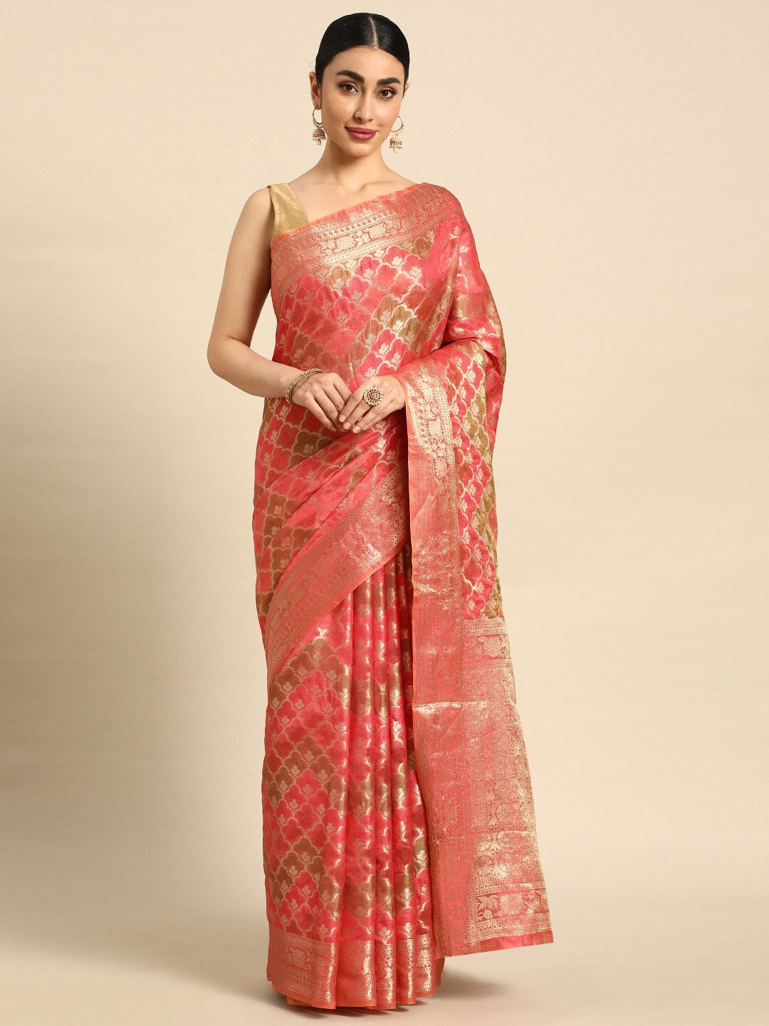 Mitera Ethnic Motifs Woven Design Zari Saree, Pink