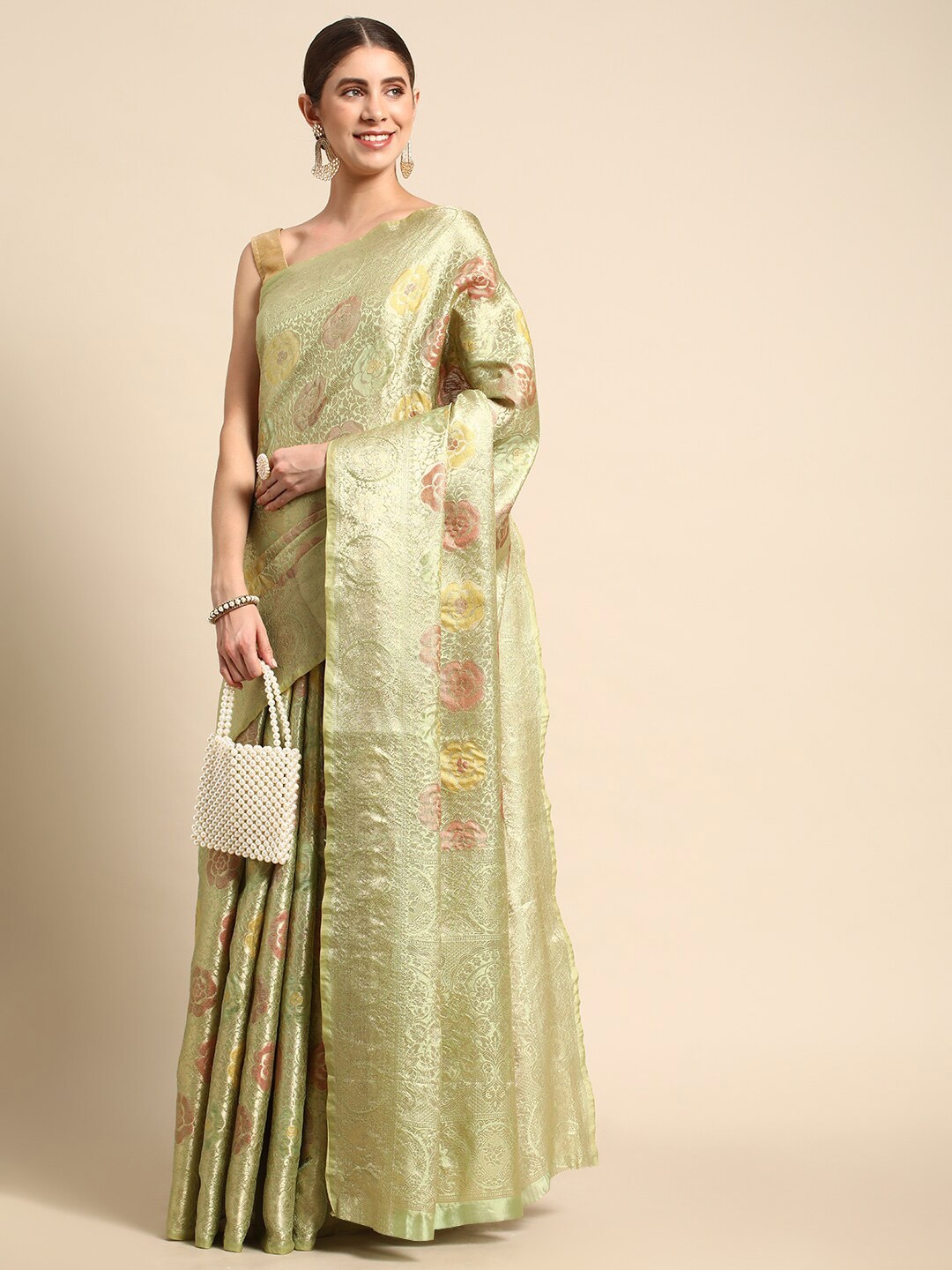 Mitera Floral Woven Design Zari Saree, Green