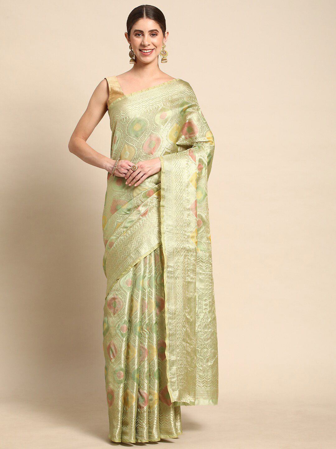 

Mitera Floral Woven Design Zari Saree, Green