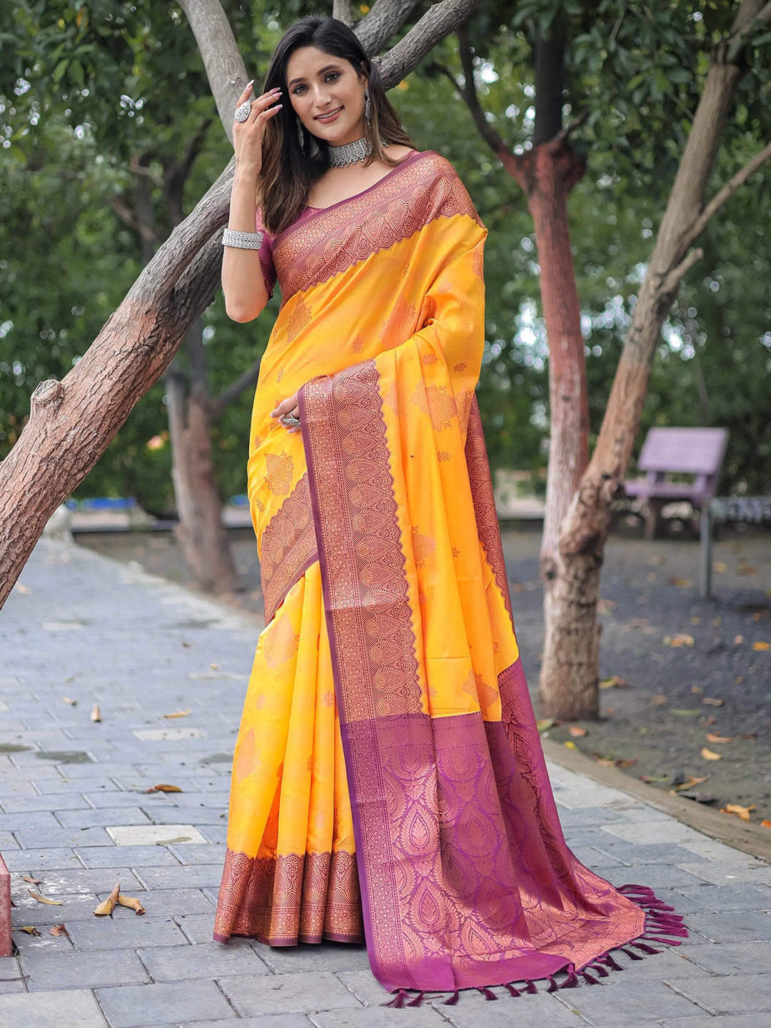 

Mitera Ethnic Motifs Woven Design Zari Kanjeevaram Saree, Yellow