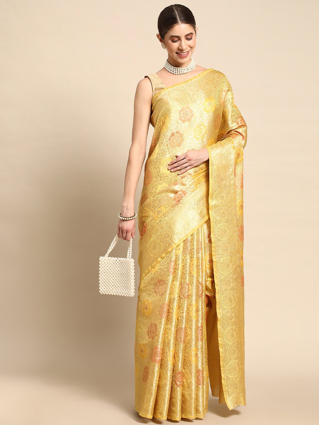 

Mitera Floral Woven Design Zari Saree, Yellow