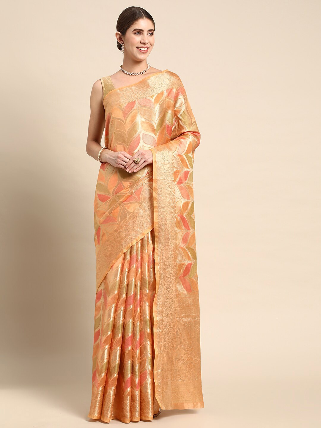 

Mitera Peach Floral Woven Design Zari Saree