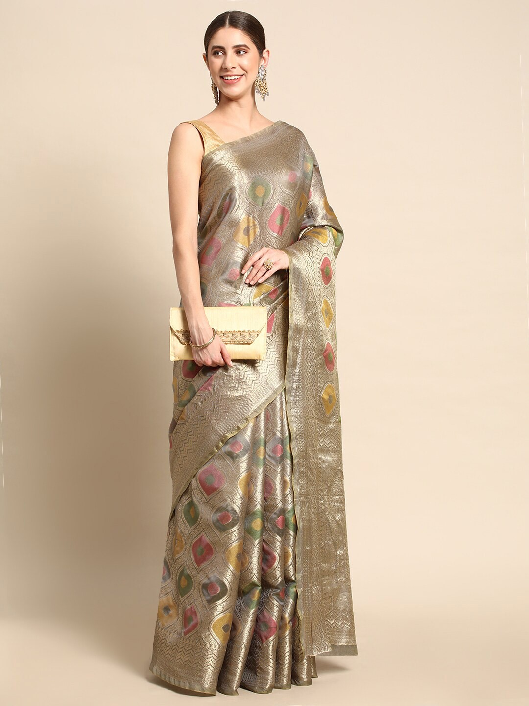 

Mitera Grey Ethnic Motifs Woven Design Zari Saree