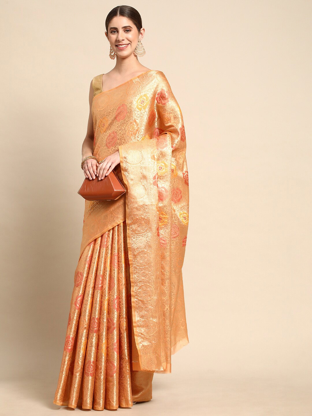 

Mitera Peach Floral Woven Design Zari Saree