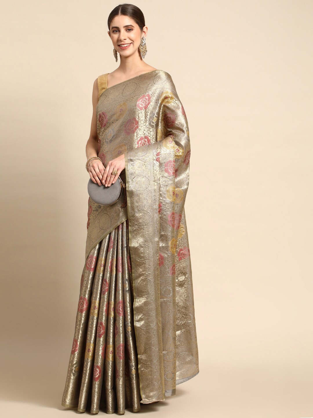 

Mitera Grey Floral Woven Design Zari Saree