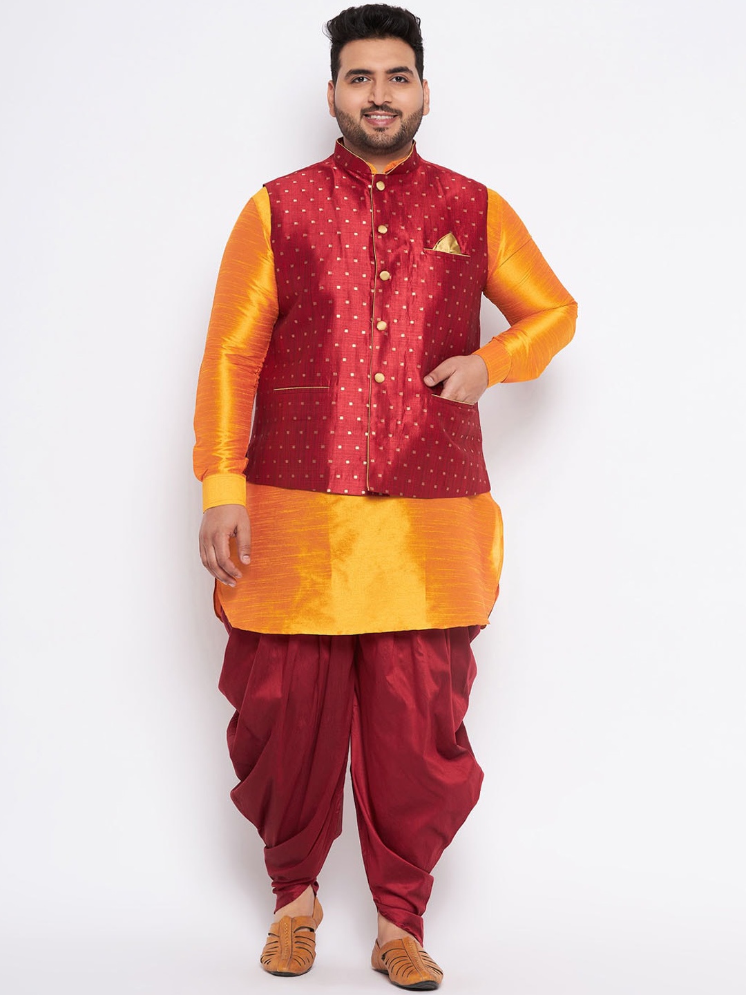 

VASTRAMAY Plus Size Mandarin Collar Kurta and Dhoti Pants With Nehru Jacket, Orange