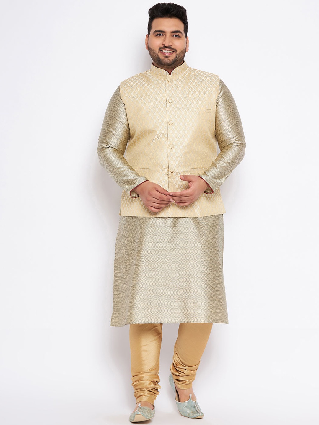 

VASTRAMAY Plus Size Mandarin Collar Kurta and Dhoti Pants With Nehru Jacket, Beige