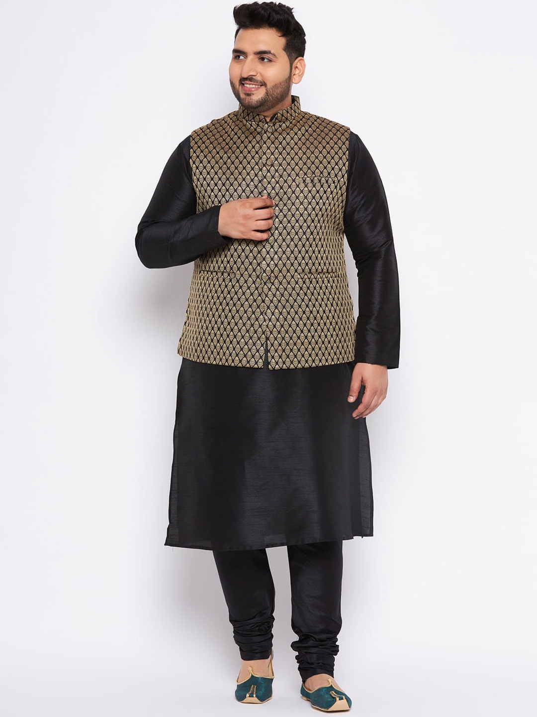 

VASTRAMAY Plus Size Mandarin Collar Kurta and Dhoti Pants With Nehru Jacket, Black