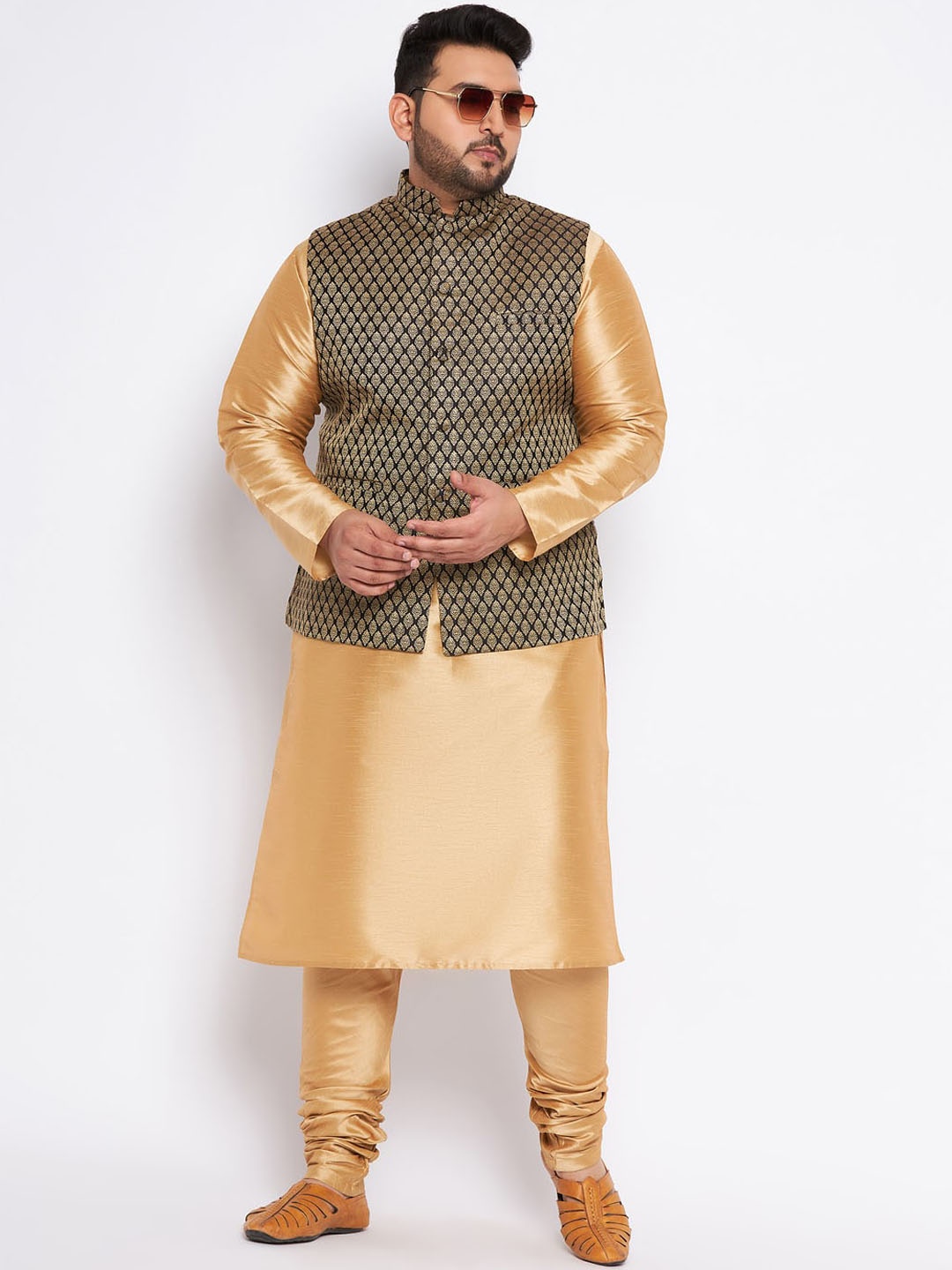 

VASTRAMAY Plus Size Mandarin Collar Kurta and Dhoti Pants With Nehru Jacket, Gold