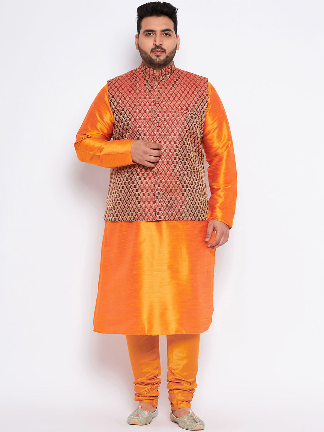 

VASTRAMAY Plus Size Mandarin Collar Kurta and Dhoti Pants With Nehru Jacket, Orange