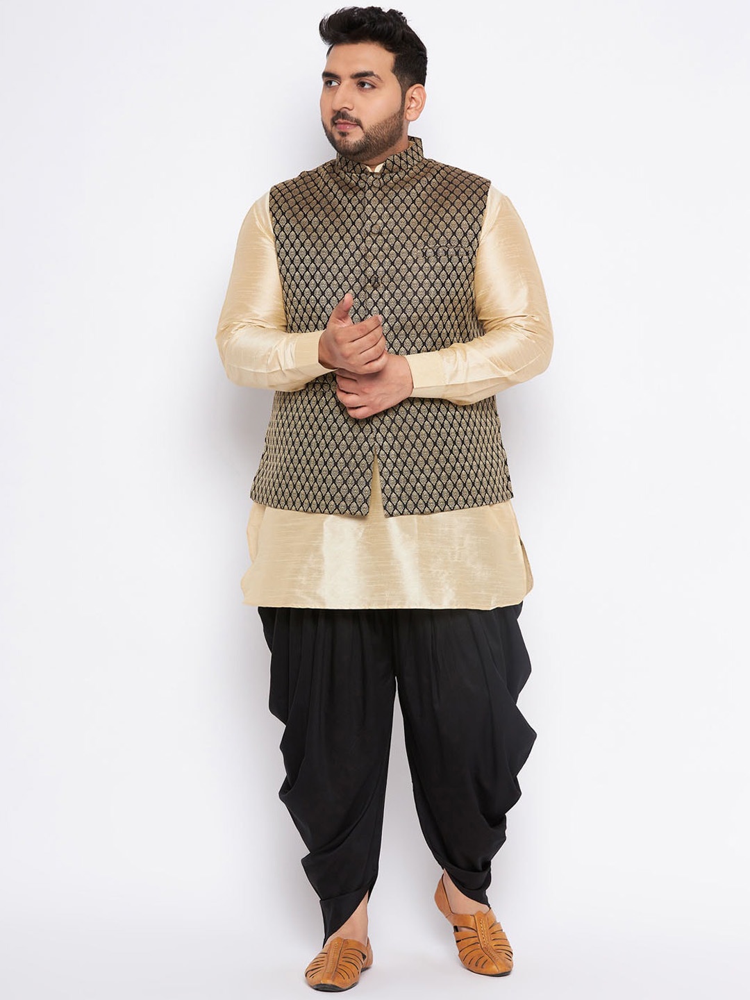 VASTRAMAY Plus Size Mandarin Collar Kurta and Dhoti Pants With Nehru Jacket, Cream