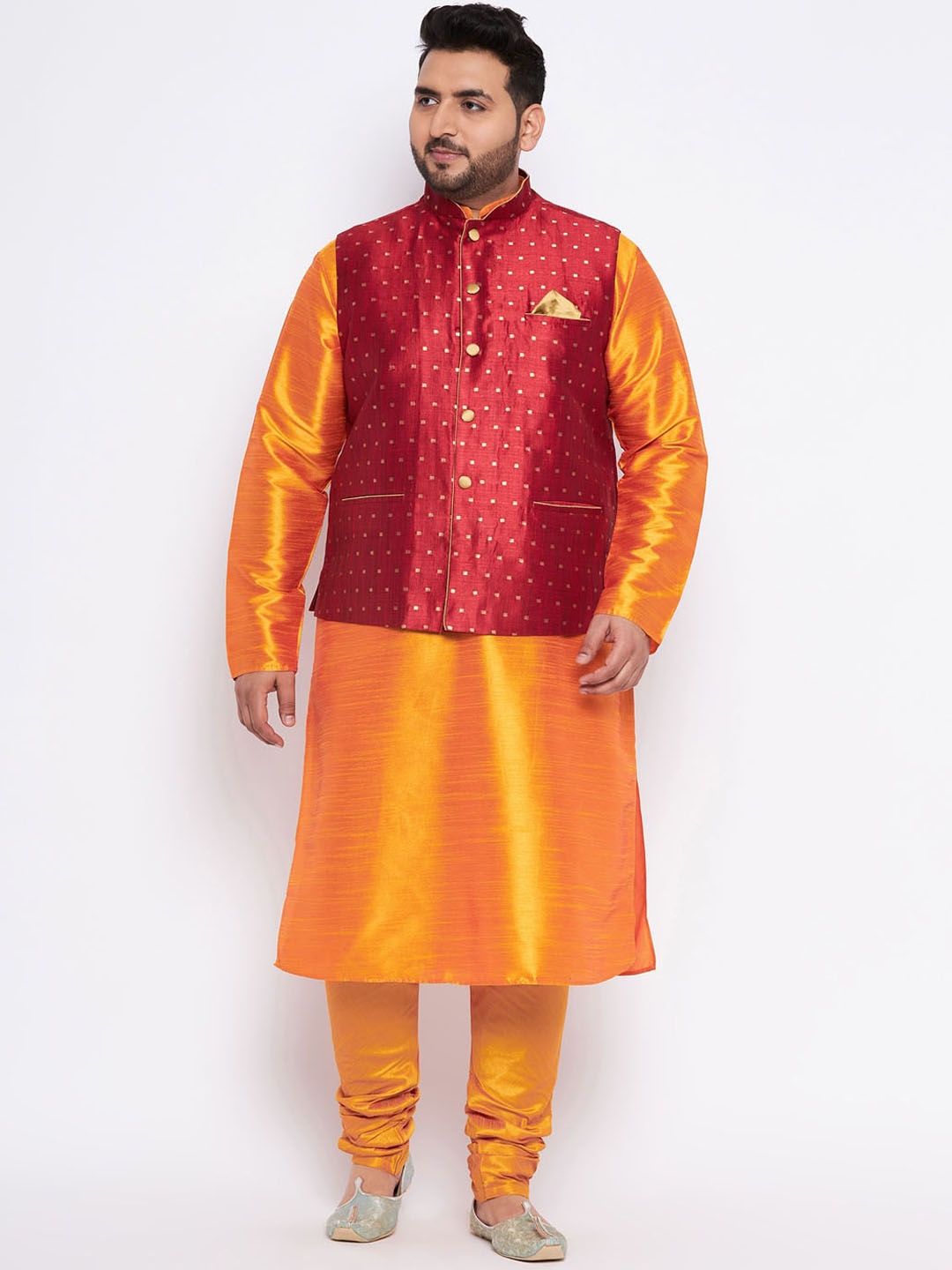 

VASTRAMAY Plus Size Mandarin Collar Kurta and Dhoti Pants With Nehru Jacket, Orange