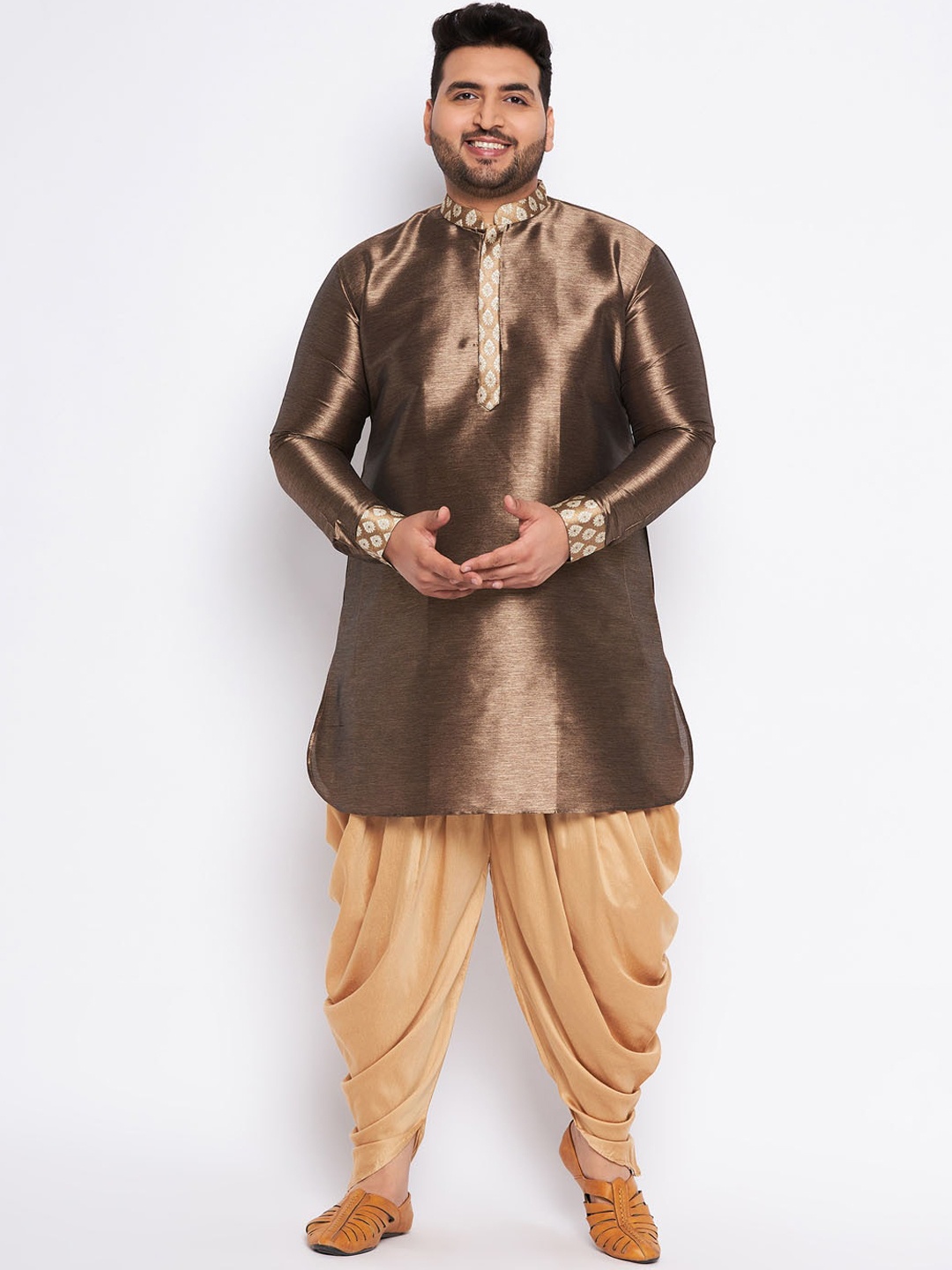 

VASTRAMAY Plus Size Mandarin Collar Kurta and Dhoti Pants With Nehru Jacket, Bronze