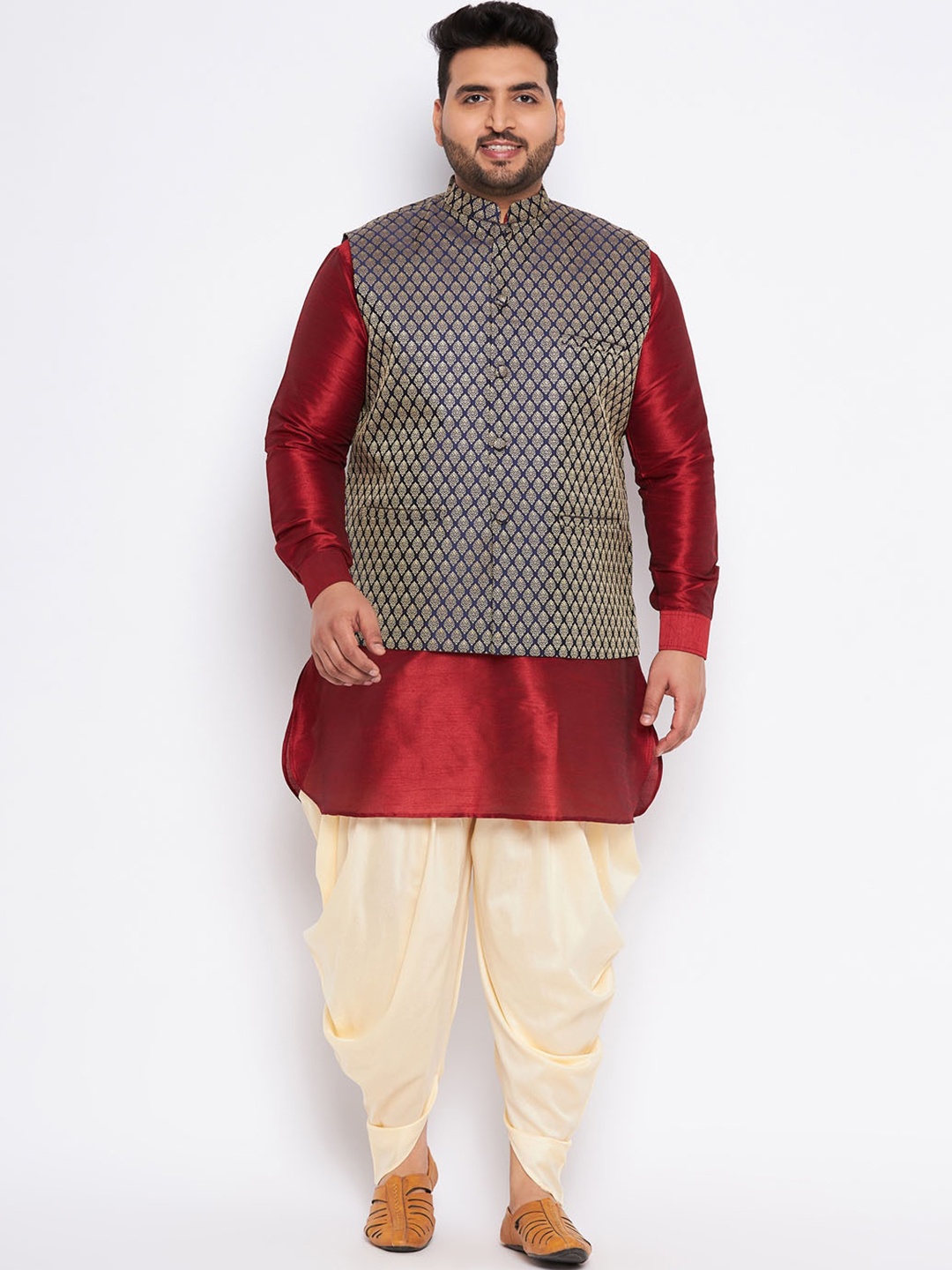 

VASTRAMAY Plus Size Mandarin Collar Patani Kurta & Dhoti Pants With Nehru Jacket, Maroon