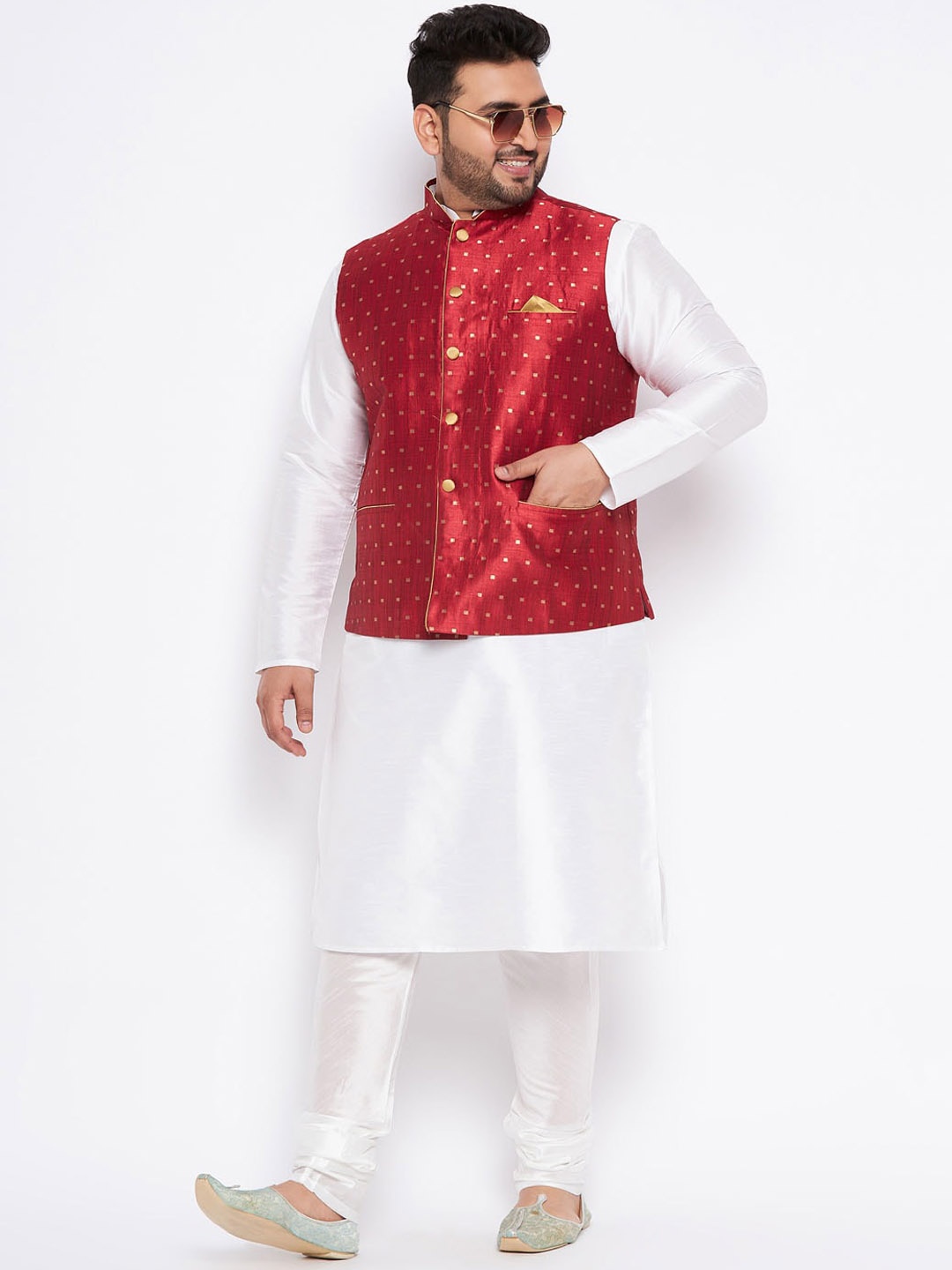 

VASTRAMAY Plus Size Mandarin Collar Regular Kurta & Churidar With Nehru Jacket, White