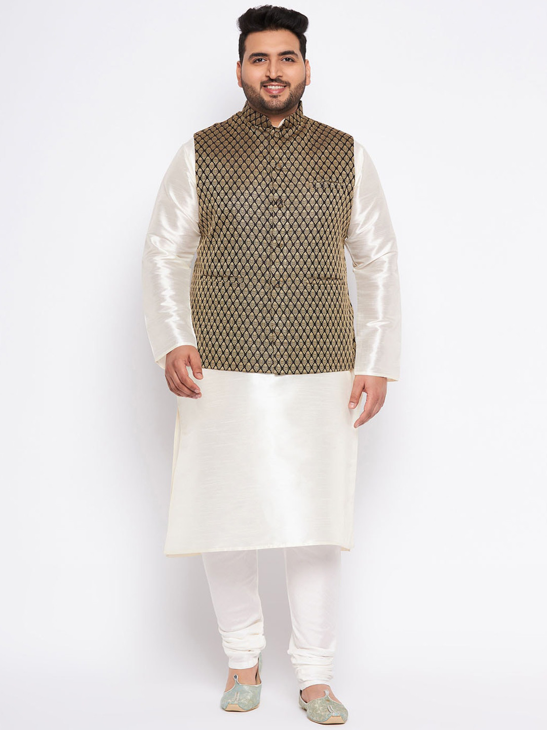 

VASTRAMAY Mandarin Collar Kurta With Churidar & Nehru Jacket, Cream