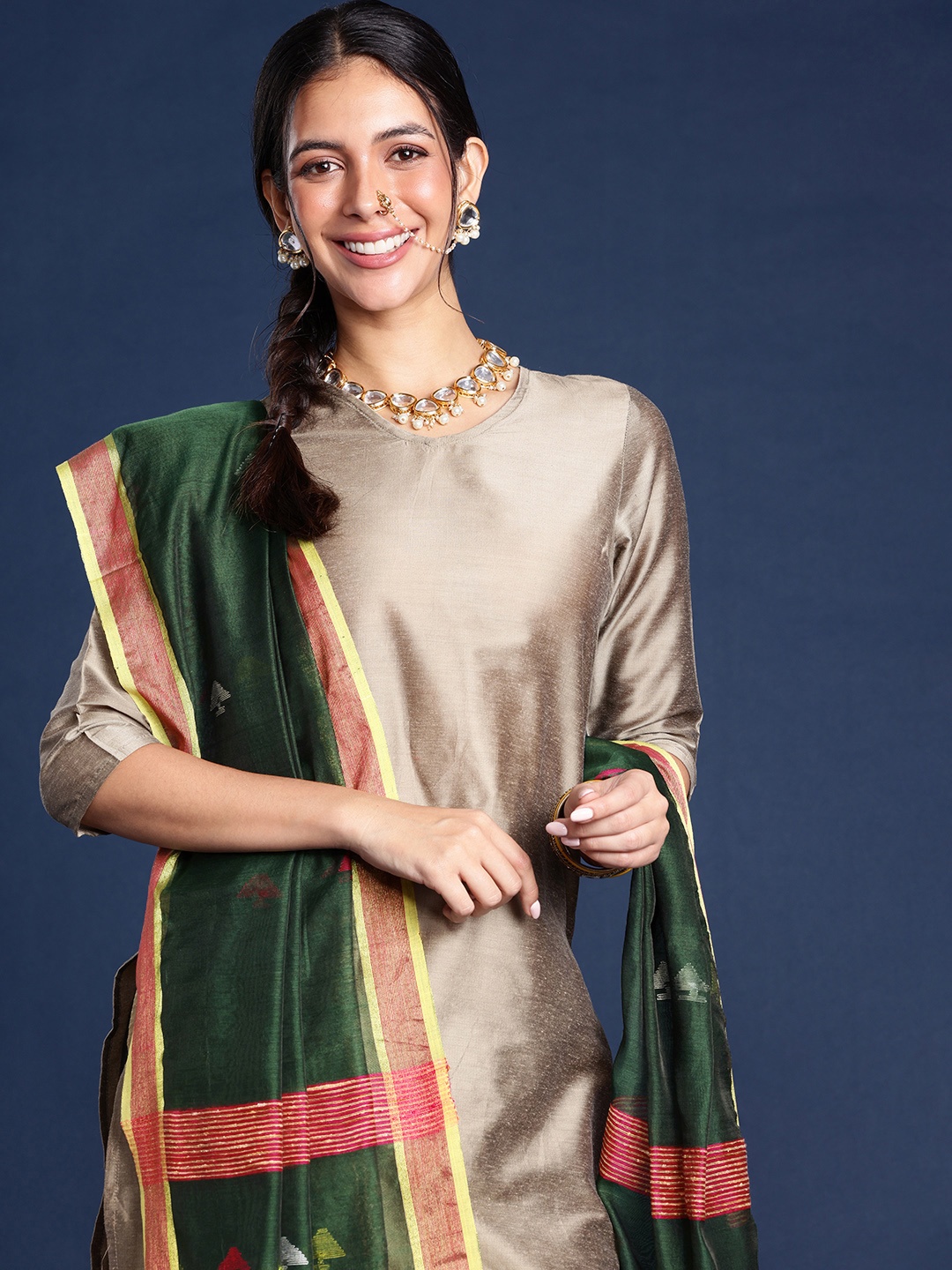 

Taavi Ethnic Motifs Woven Design Dupatta, Green