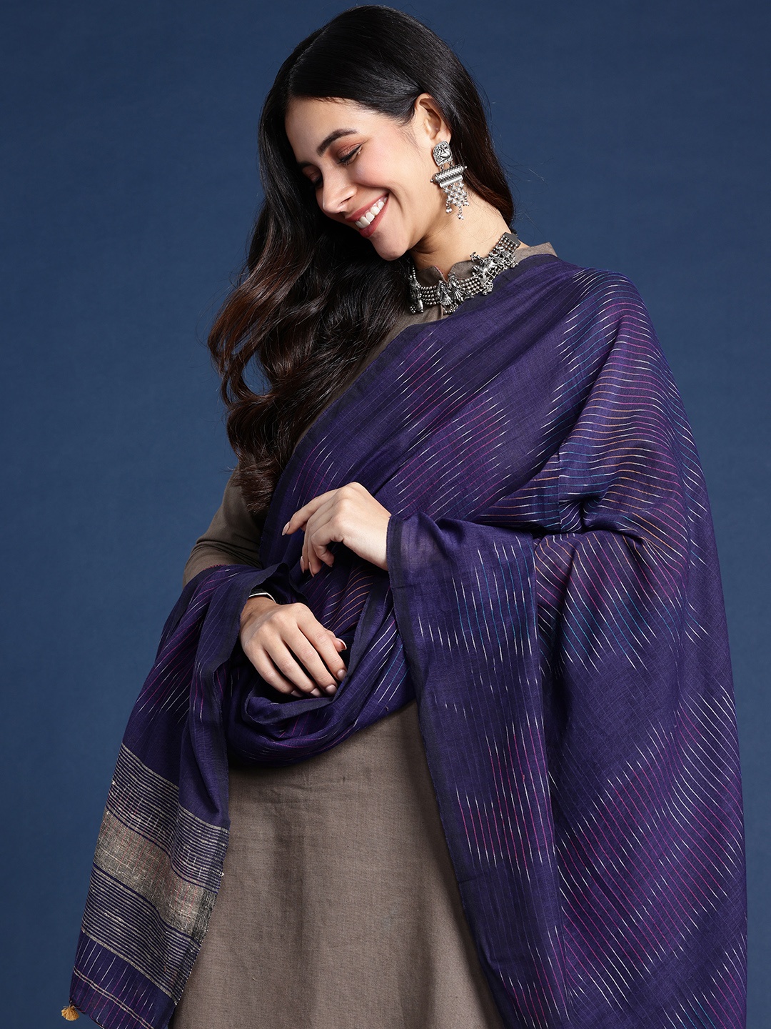 

Taavi Striped Woven Design Pure Cotton Dupatta, Blue
