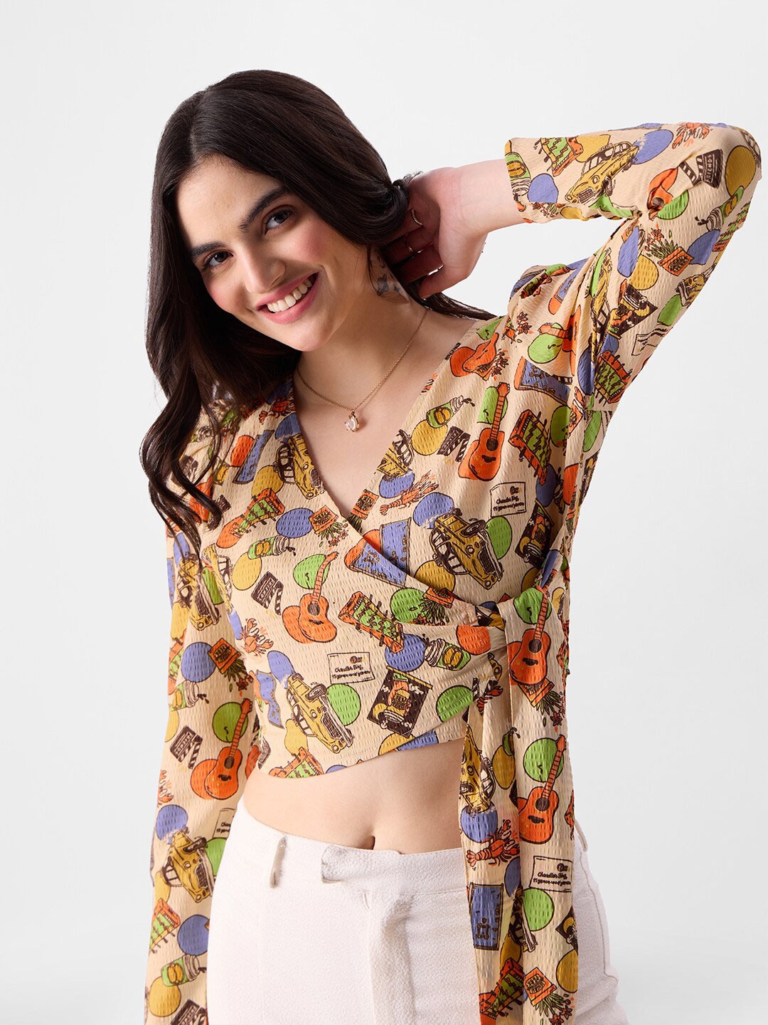 

The Souled Store Conversational Printed Puff Sleeve Wrap Top, Beige