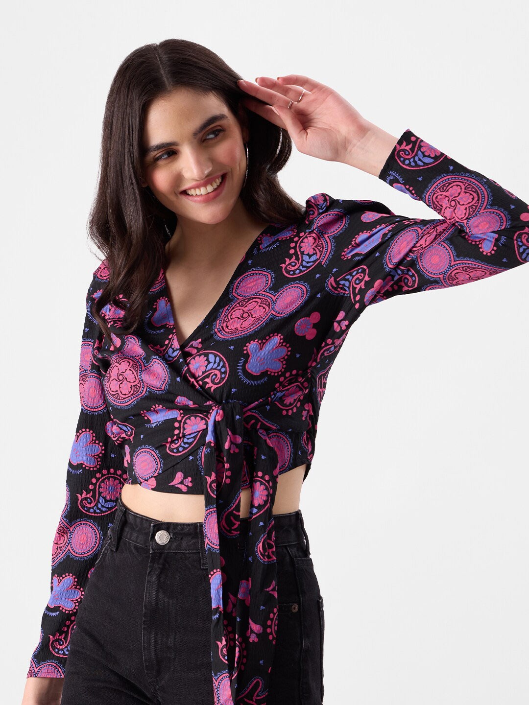 The Souled Store Black Ethnic Motifs Printed V-Neck Crop Top