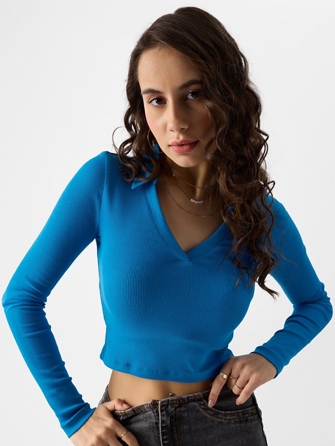 

The Souled Store Blue V-Neck Pure Cotton Crop T-shirts
