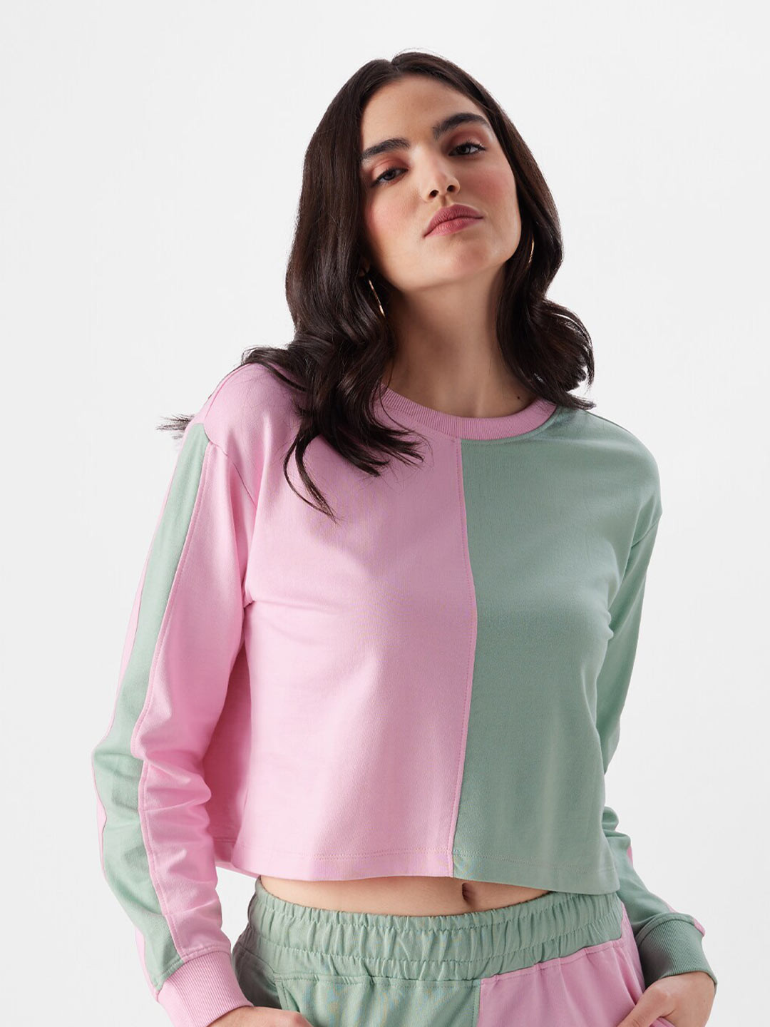 

The Souled Store Green & Pink Colourblocked Oversize Fit Pure Cotton Crop T-shirt
