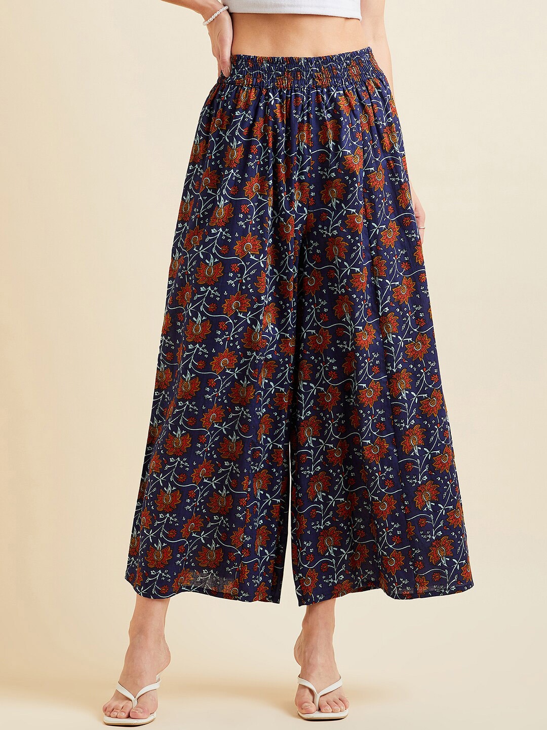 

PANIT Wome Floral Printed Cotton Flared Palazzos, Navy blue