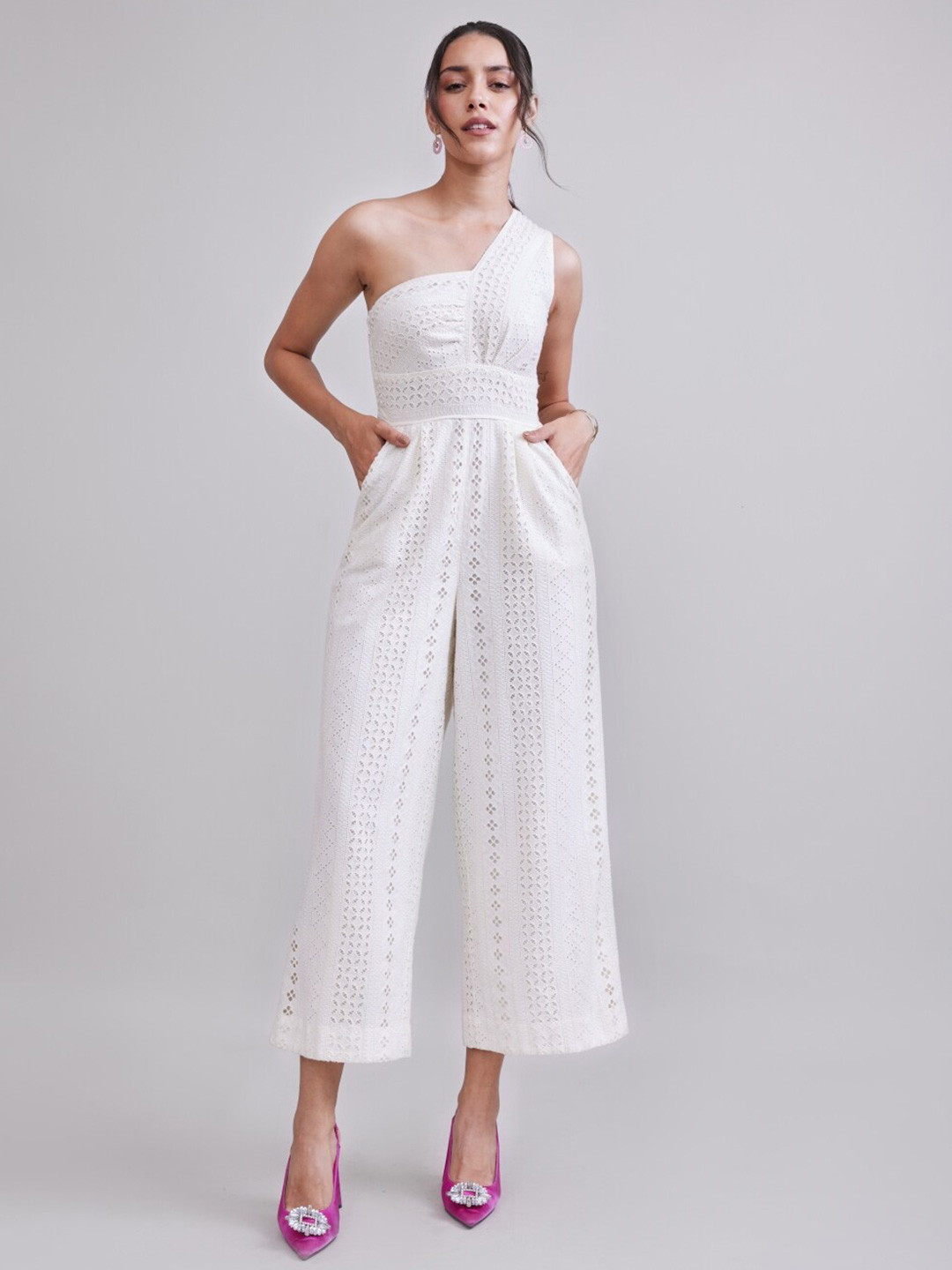 

Style Island Self Design One Shoulder Cotton Basic Jumpsuit, White