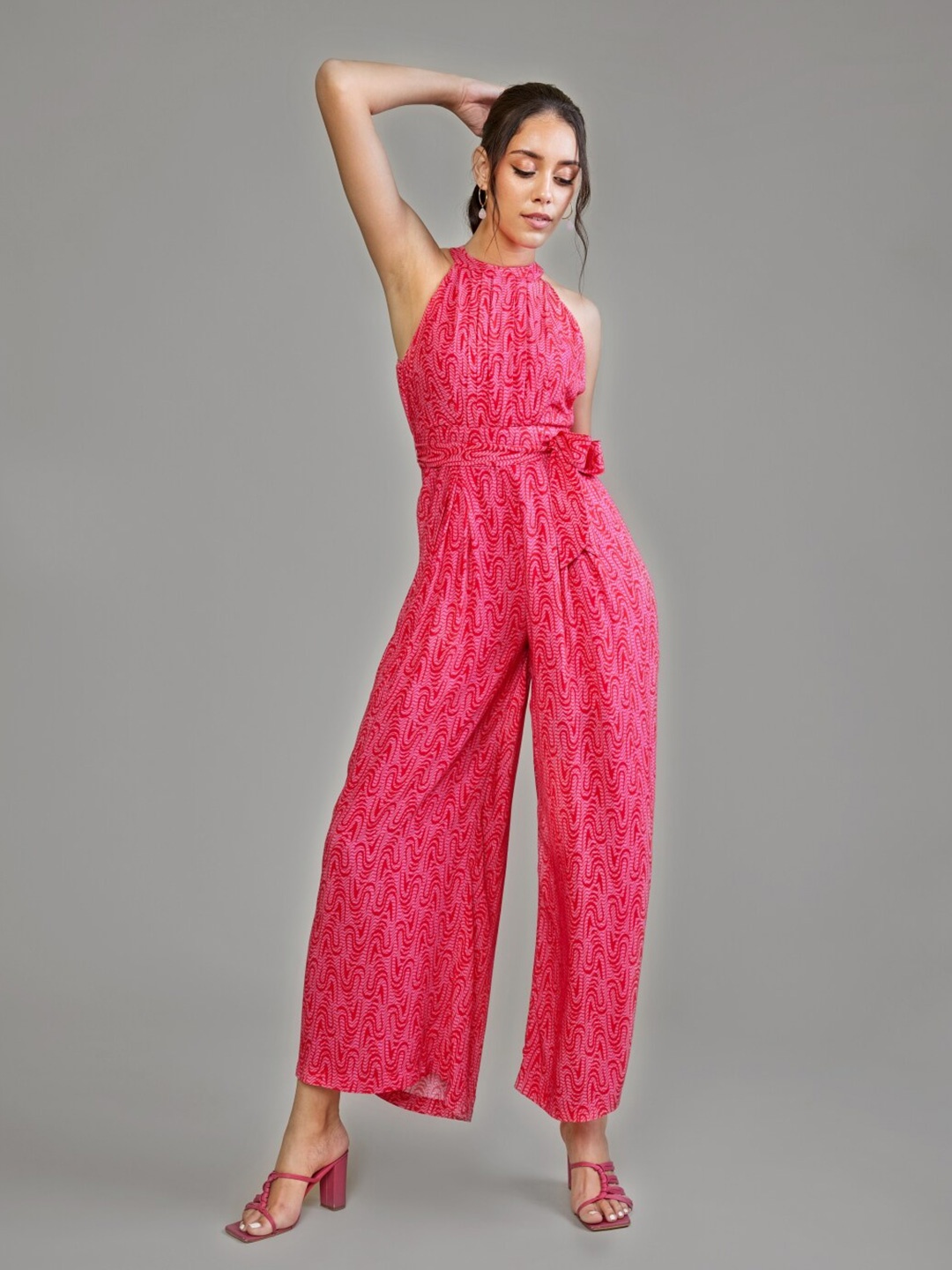 Style Island Abstract Printed Halter Neck Basic Jumpsuit, Pink
