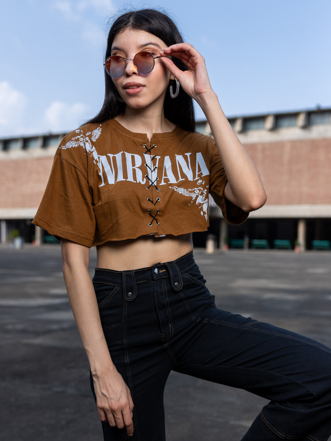 

Stylecast X Hersheinbox Printed Lace Ups Pure Cotton Crop Top, Brown