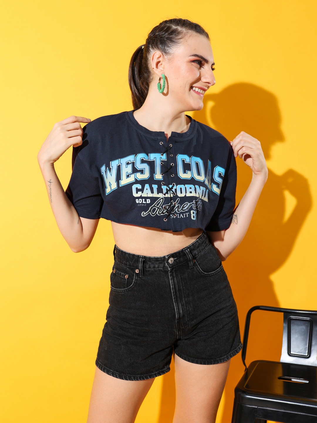 

Stylecast X Hersheinbox Typography Print Pure Cotton Boxy Crop Top, Navy blue