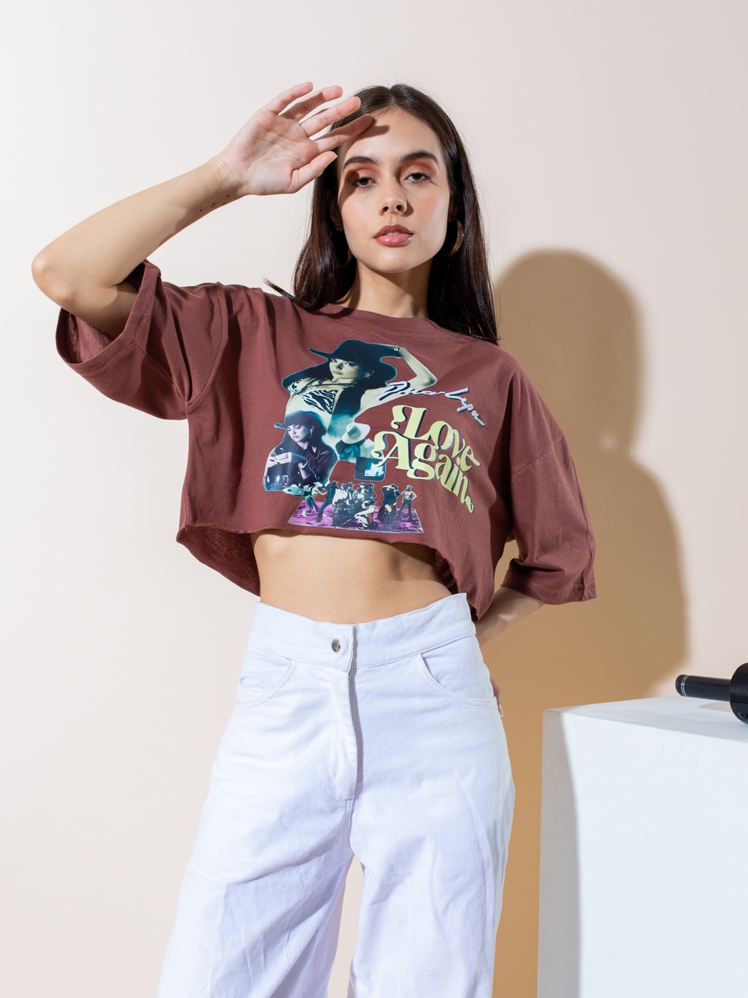 

Stylecast X Hersheinbox Graphic Printed Pure Cotton Crop T-shirt, Brown