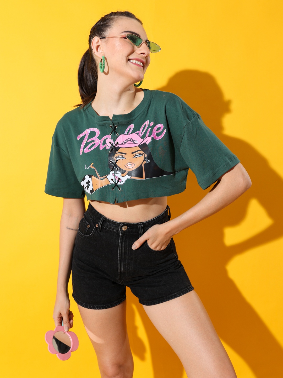 

Stylecast X Hersheinbox Barbie Print Criss-cross Cotton Boxy Crop Top, Green