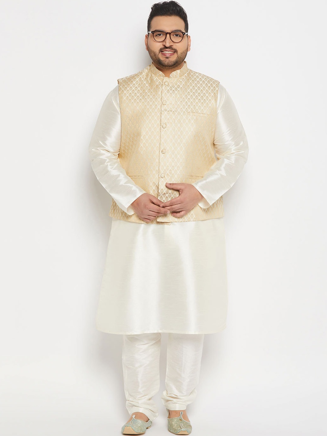

VASTRAMAY Plus Size Mandarin Collar Kurta and Dhoti Pants With Nehru Jacket, Cream