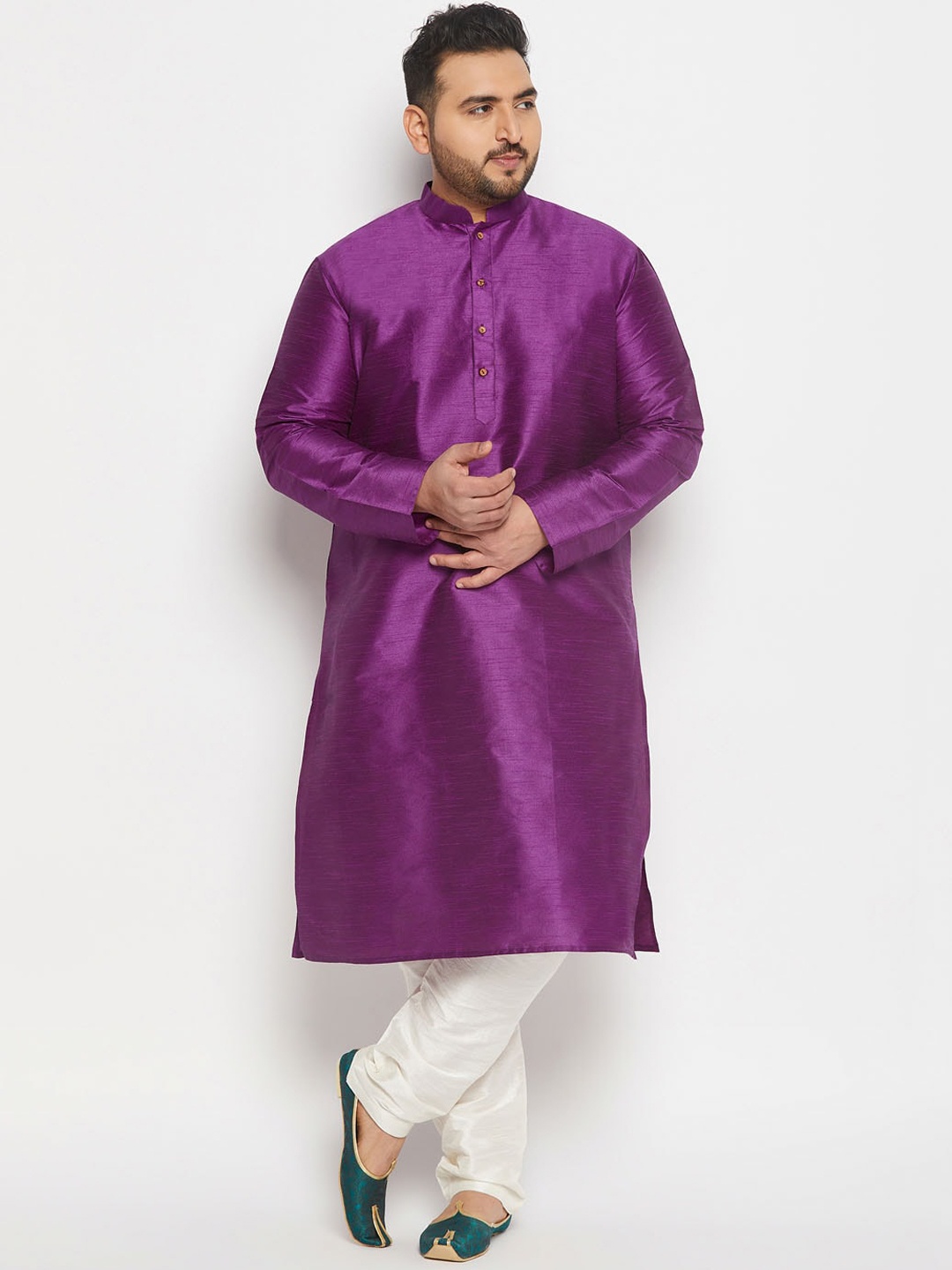 

VASTRAMAY Plus Size Mandarin Collar Kurta and Dhoti Pants With Nehru Jacket, Purple