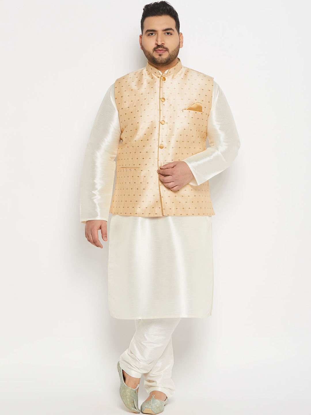 

VASTRAMAY Plus Size Mandarin Collar Kurta and Dhoti Pants With Nehru Jacket, Cream