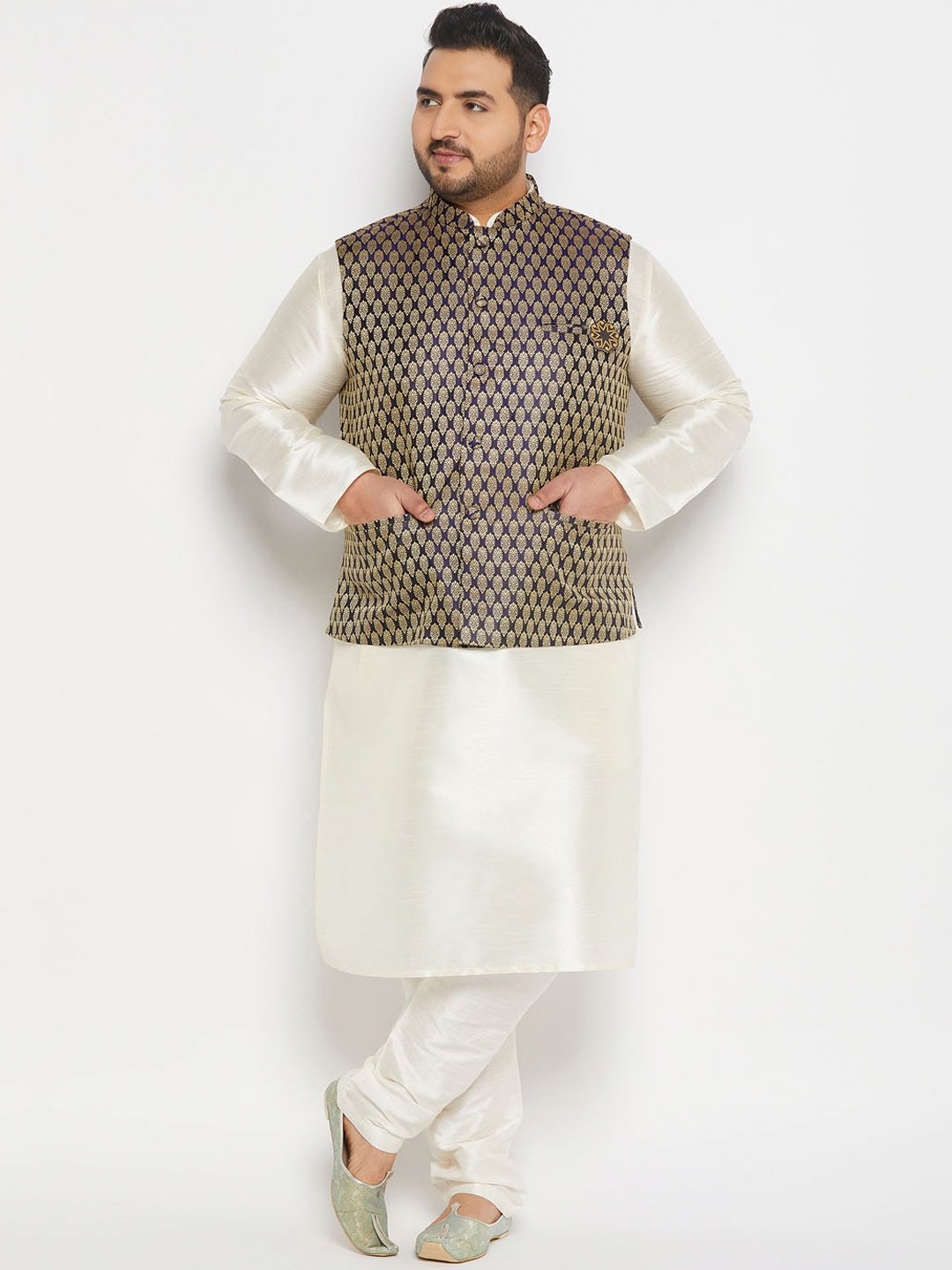 

VASTRAMAY Plus Size Mandarin Collar Kurta and Dhoti Pants With Nehru Jacket, Cream