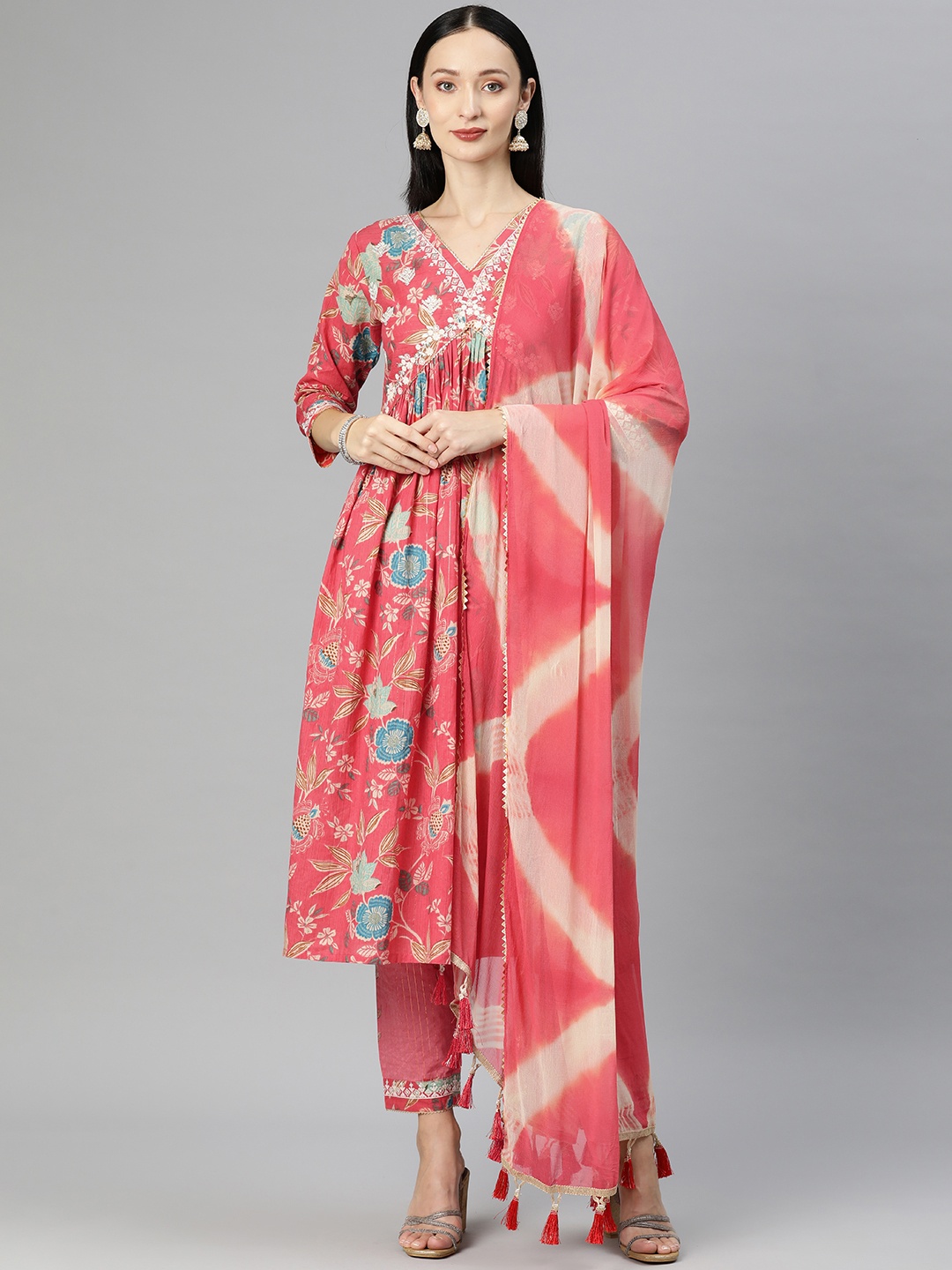 

SERONA FABRICS Floral Yoke Design Pleated Gotta Patti Cotton Kurta with Trousers & Dupatta, Pink