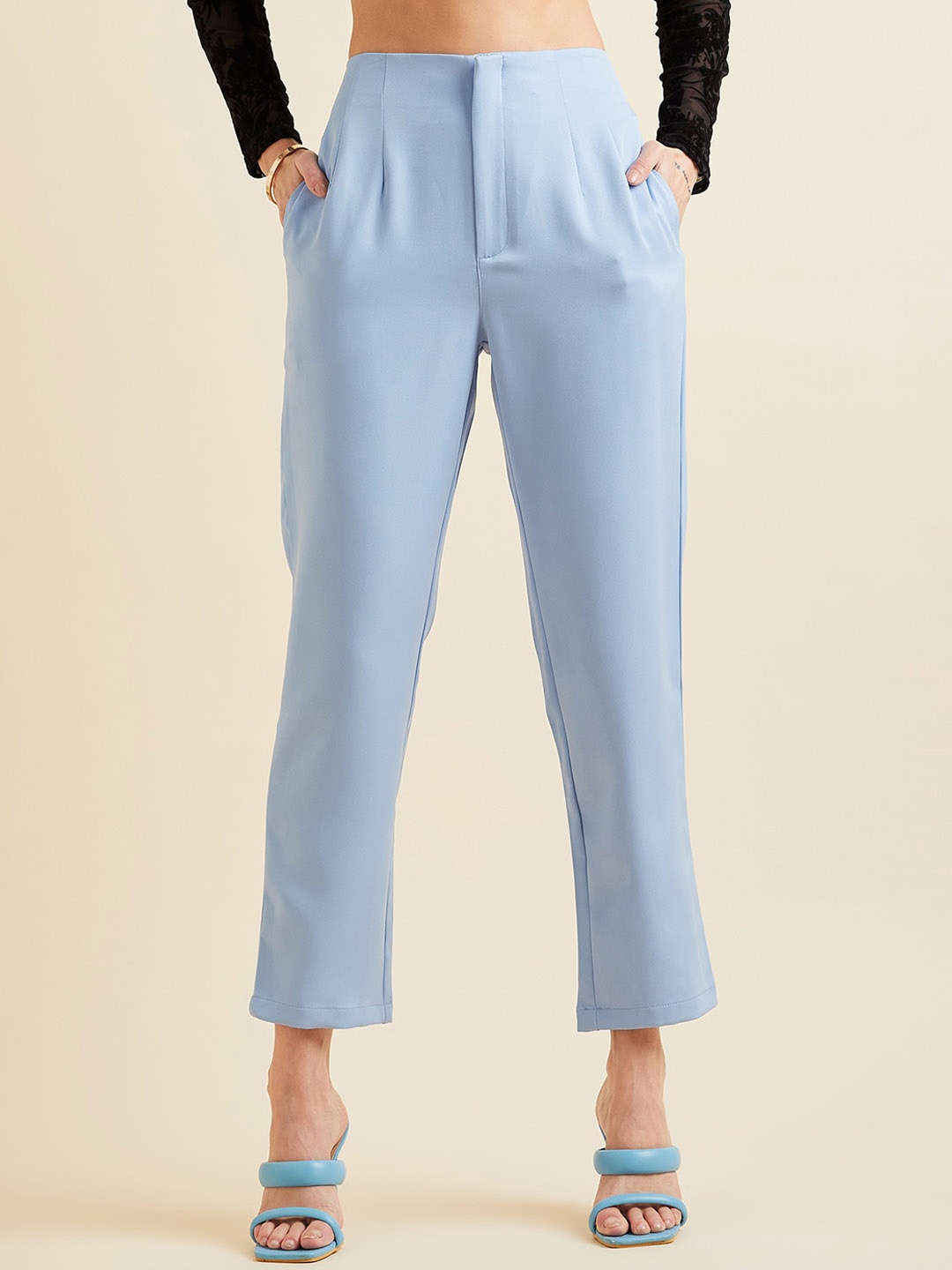 

PANIT Women Smart Straight Fit High-Rise Wrinkle Free Pleated Cigarette Trousers, Blue